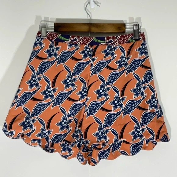 Topshop Floaty Short Orange w/Blue Floral Design Side Zipper Scalloped Hem Sz 4 - Picture 1 of 14